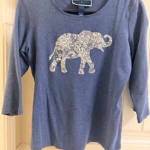 Karen Scott Blue 3/4 Sleeve Top with Elephant Motif